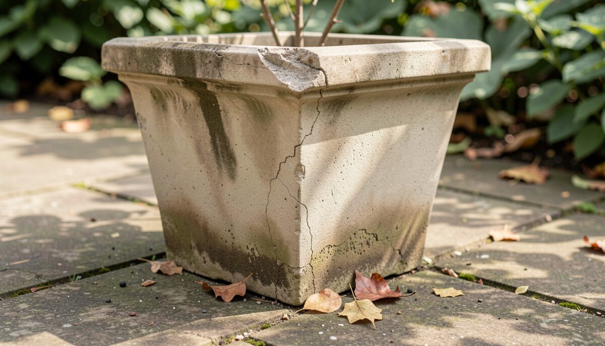 A close, natural-light photograph of a cast stone planter on a garden patio, showing a shallow chipped corner and a hairline crack running down one side, with damp grit and a few fallen leaves gathered at its base.