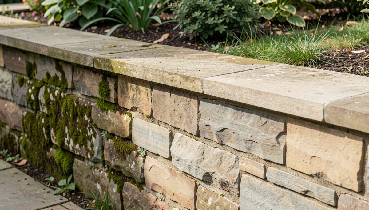 A garden boundary where a low cast stone coping sits above a natural stone wall, with damp shade on one side and dry sun on the other, moss and algae visible on the shaded section, clean dry stone on the sunny section, photographed in flat overcast light at close range.