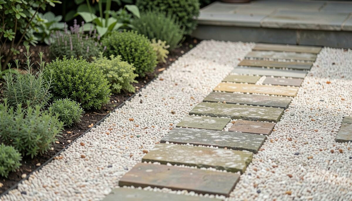 A garden path of pale loose gravel meeting a flush row of weathered stone setts, with a low planted border of small green perennials on the left and a stone doorstep in the background, photographed in soft daylight.