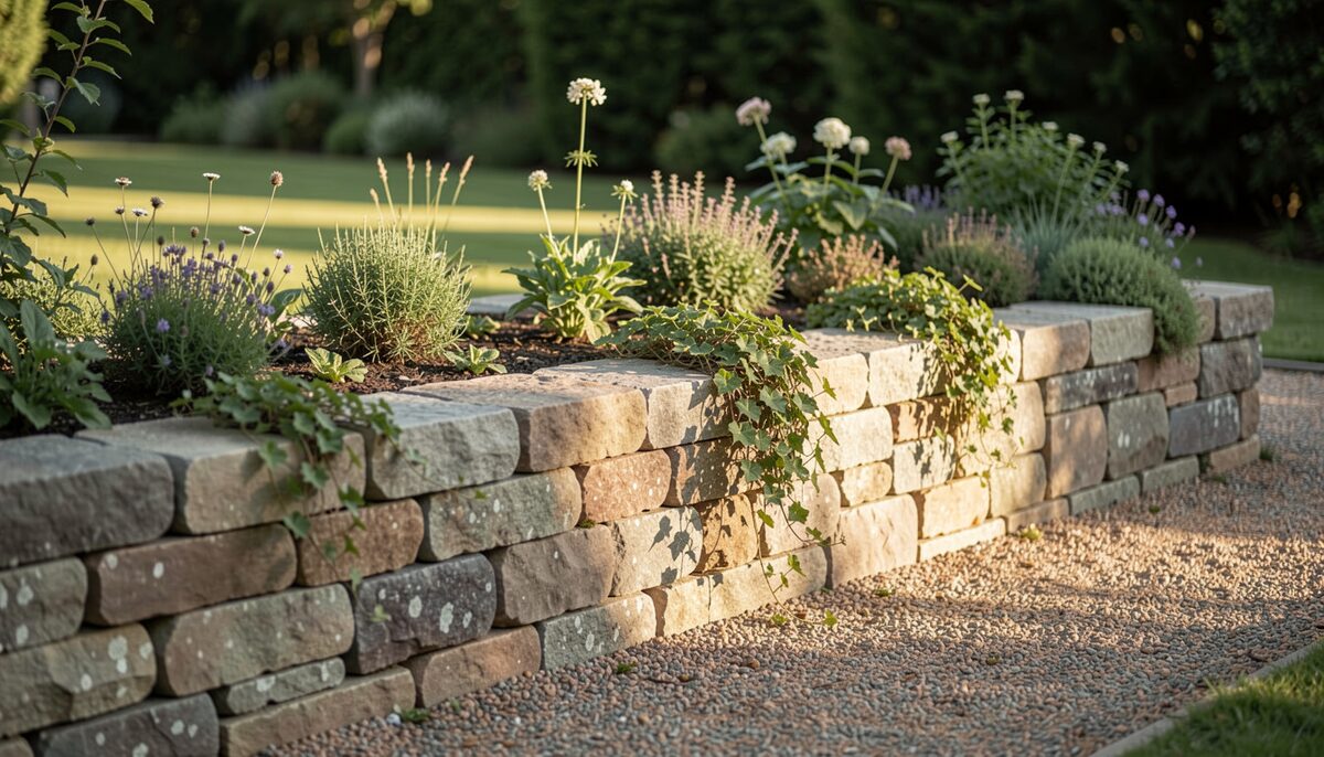 A calm garden corner where a knee-high stone retaining wall holds back a planted bed above a gravel path, with soft morning light raking across the weathered face stones and a few small plants spilling over the top course.