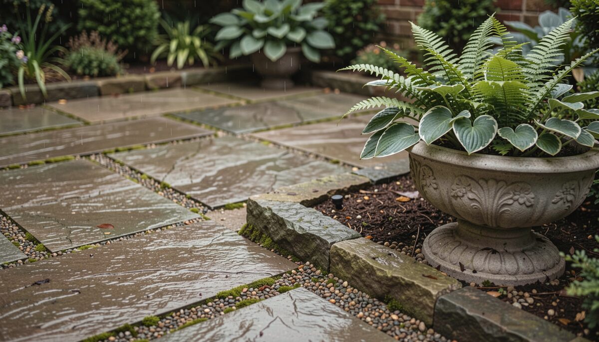 A shaded garden corner with damp, textured natural stone paving, wide gravel joints, moss between slabs, a low stone edge and a cast stone planter holding ferns and hostas, photographed on an overcast day after rain.