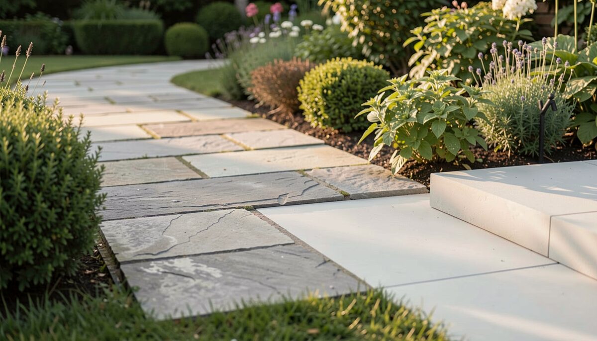 A garden path in late afternoon light where a run of weathered grey stone slabs meets a section of cleaner, paler new paving at a low step beside a planted border.