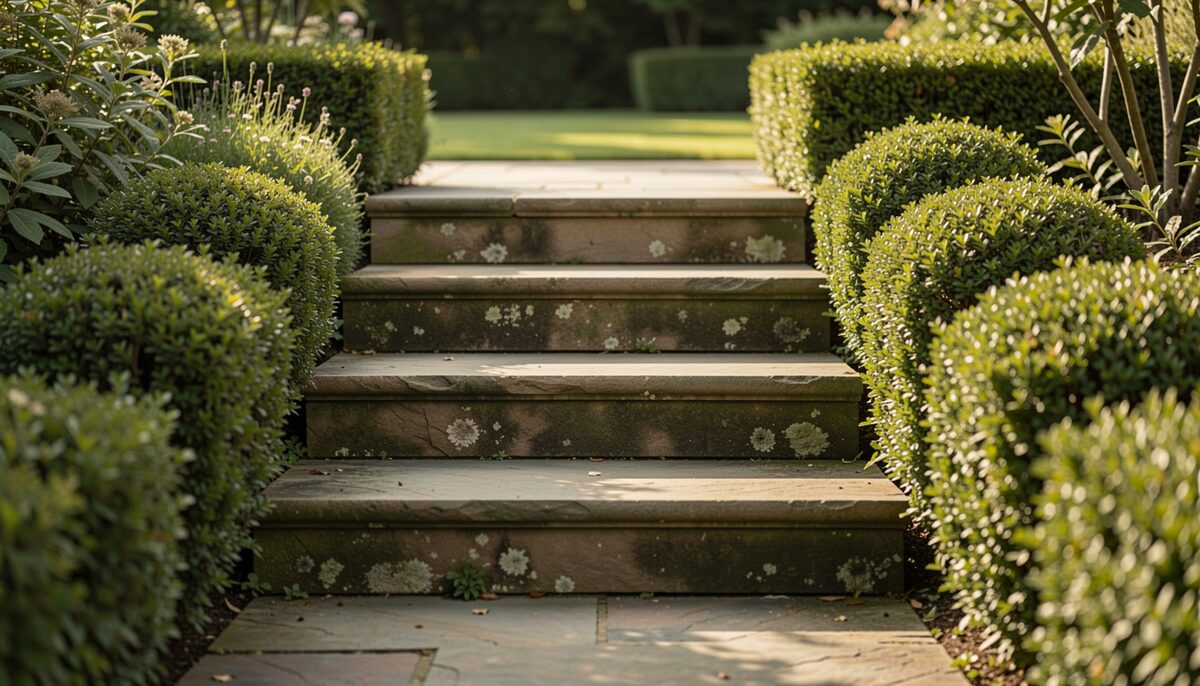 A short flight of three weathered stone garden steps rising between clipped low planting, late afternoon sunlight catching the tread edges while the riser faces sit in soft shadow